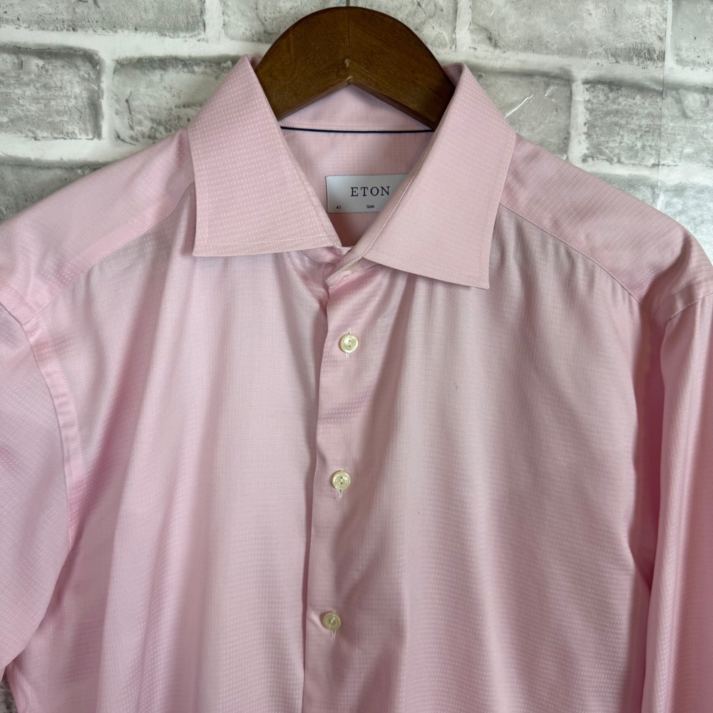 Eton Mens Slim Fit Pink Dobby Dress Shirt Size 43  / 17 Cotton Lyocell Blend